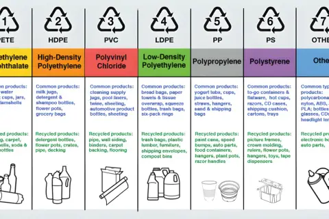 Symbole na pojemnikach plastikowych: PETE, HDPE, PVC, LDPE, PP, PS, OTHER. Poznaj ich zastosowanie i recykling.